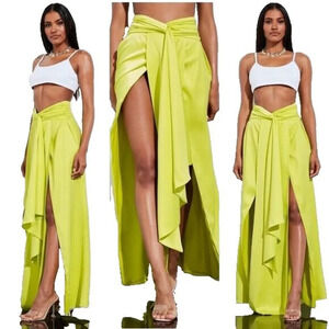 Peace and Love Womens Yellow Satin Maxi Skirt 8 Split Leg High Waist Lime Chic